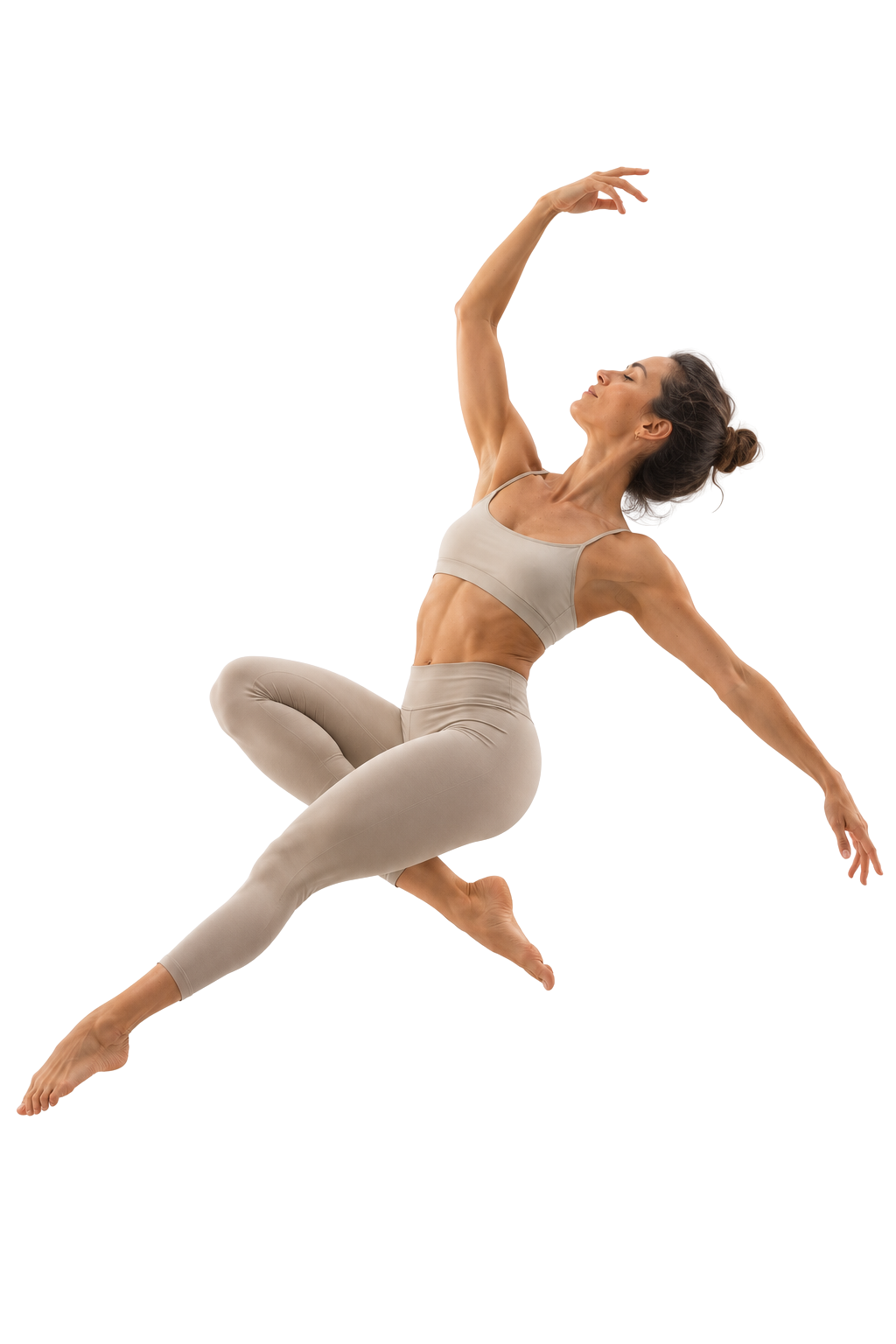 Mujer en pose de danza/pilates, figura principal de Gravita